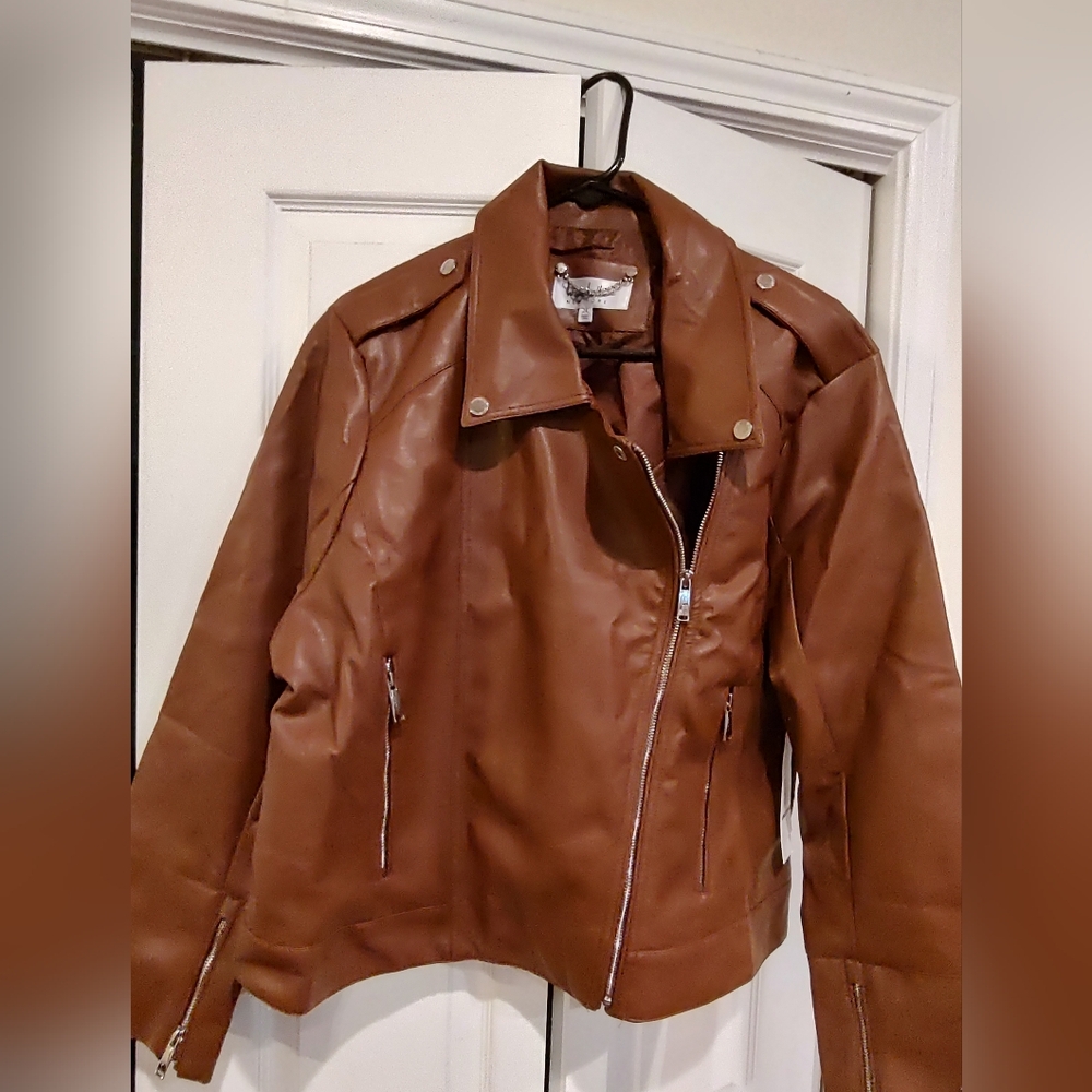 NEW Nicole Miller New York Brown Vegan Leather Moto Jackets Sz 2X